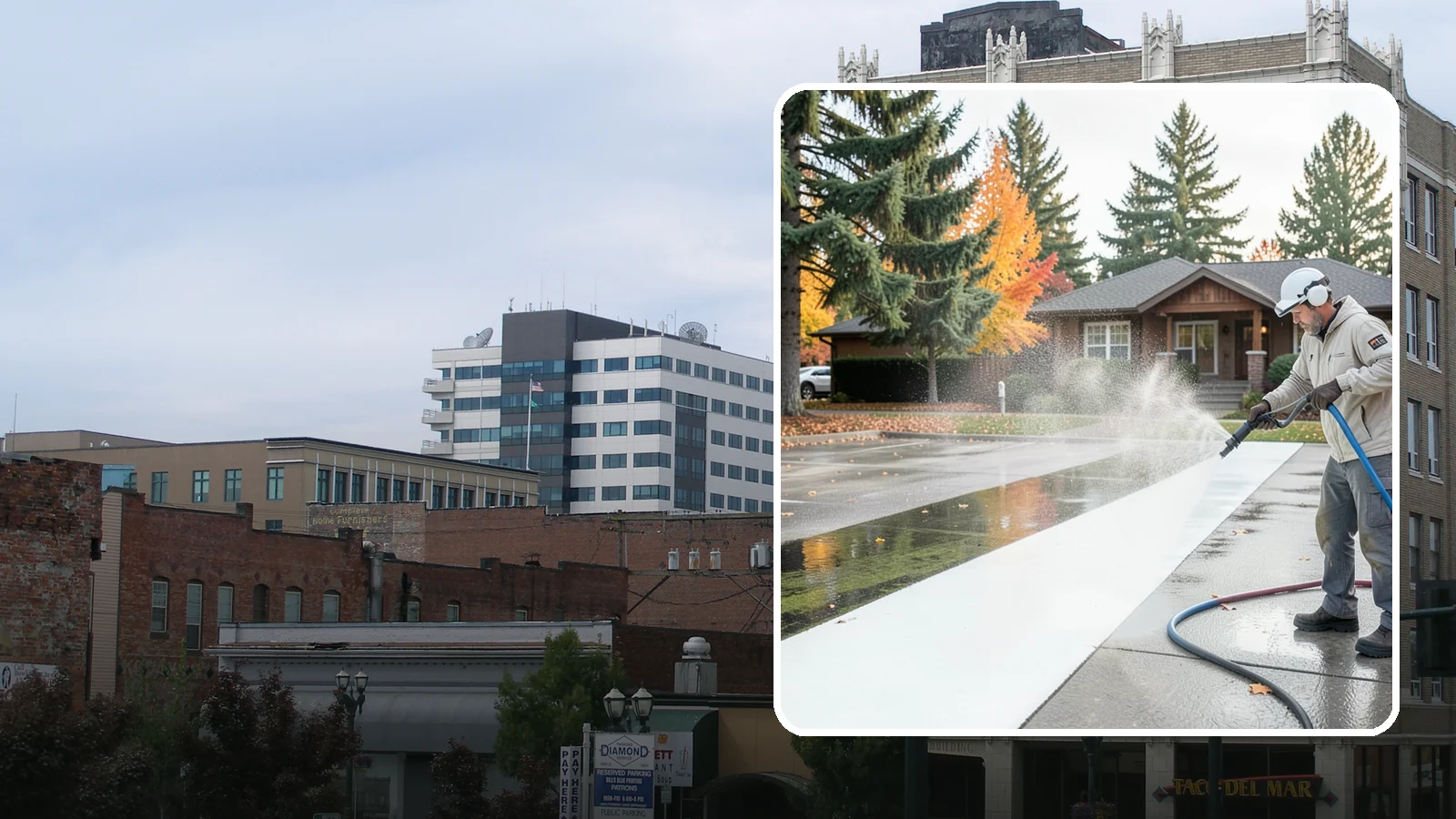Parking Lot Cleaning in Everett, Snohomish County, WA - We pressure wash parking lots across Washington to remove oil stains, gum, and the algae that shaded pavement grows.