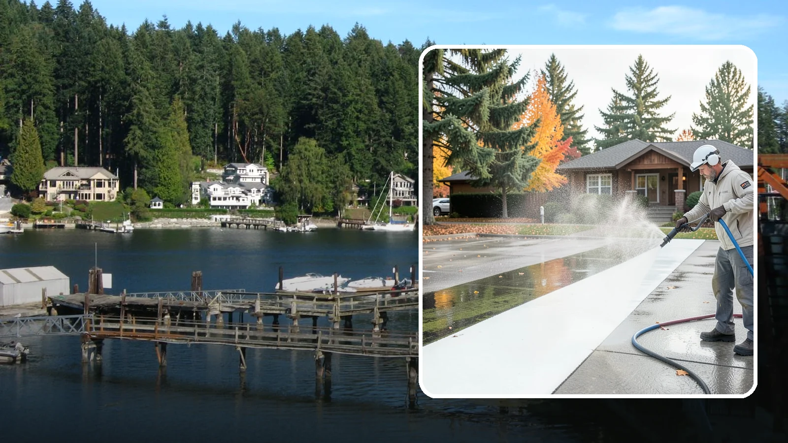 Parking Lot Cleaning in Gig Harbor, Pierce County, WA - We pressure wash parking lots across Washington to remove oil stains, gum, and the algae that shaded pavement grows.