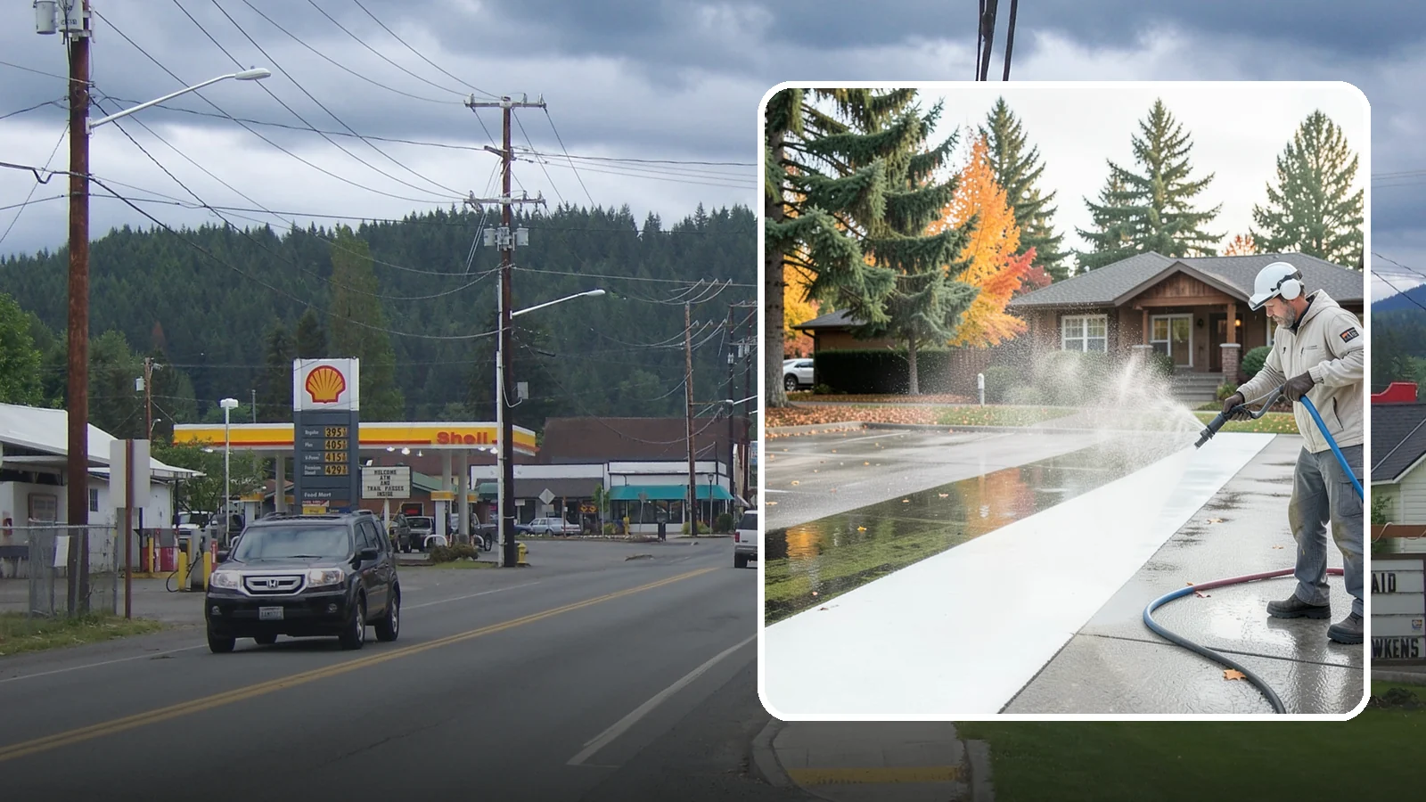 Parking Lot Cleaning in Granite Falls, Snohomish County, WA - We pressure wash parking lots across Washington to remove oil stains, gum, and the algae that shaded pavement grows.