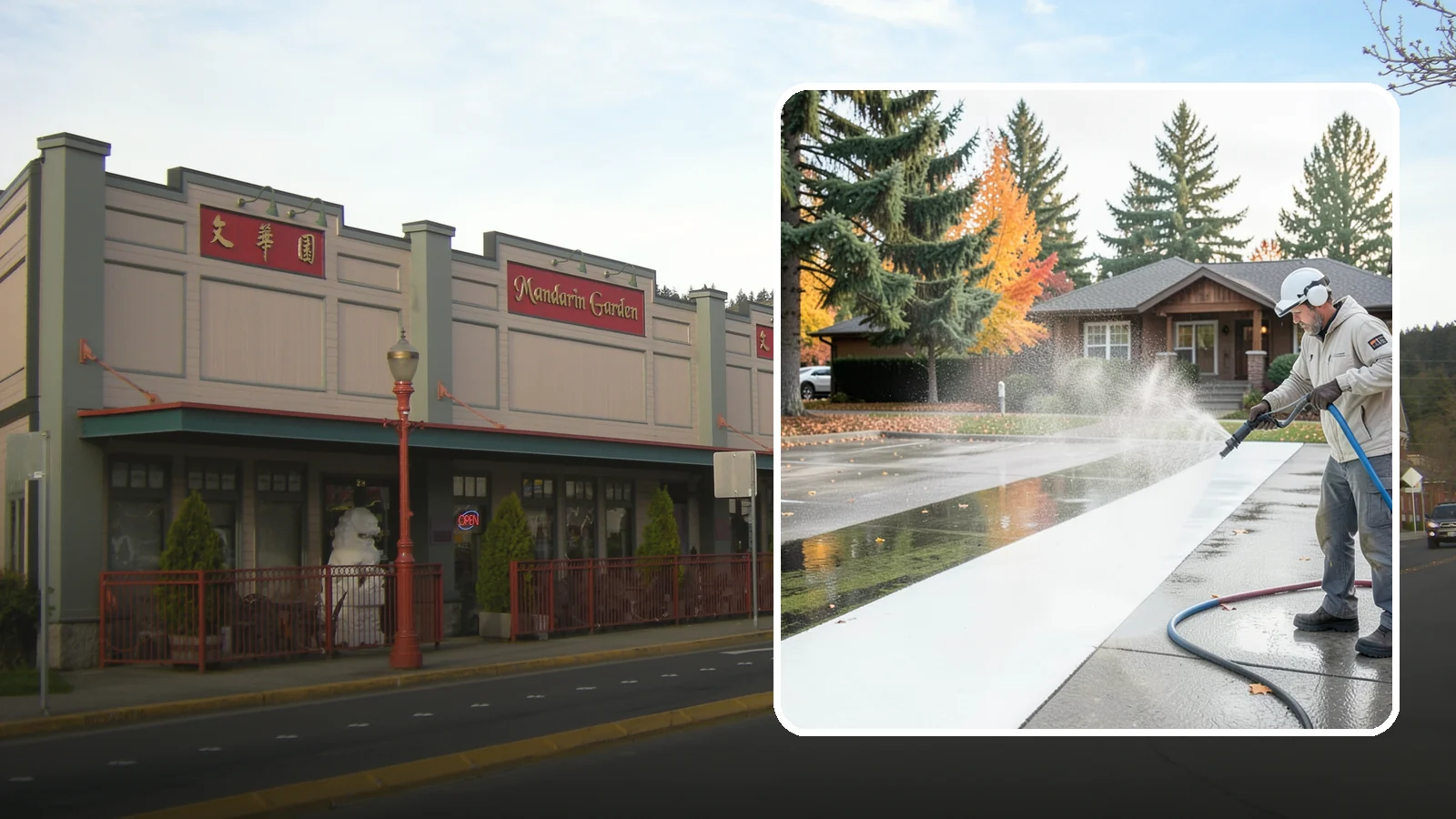 Parking Lot Cleaning in Issaquah, King County, WA - We pressure wash parking lots across Washington to remove oil stains, gum, and the algae that shaded pavement grows.