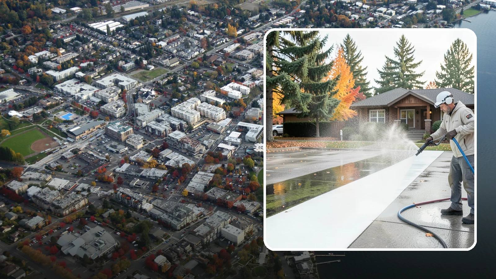 Parking Lot Cleaning in Kirkland, King County, WA - We pressure wash parking lots across Washington to remove oil stains, gum, and the algae that shaded pavement grows.