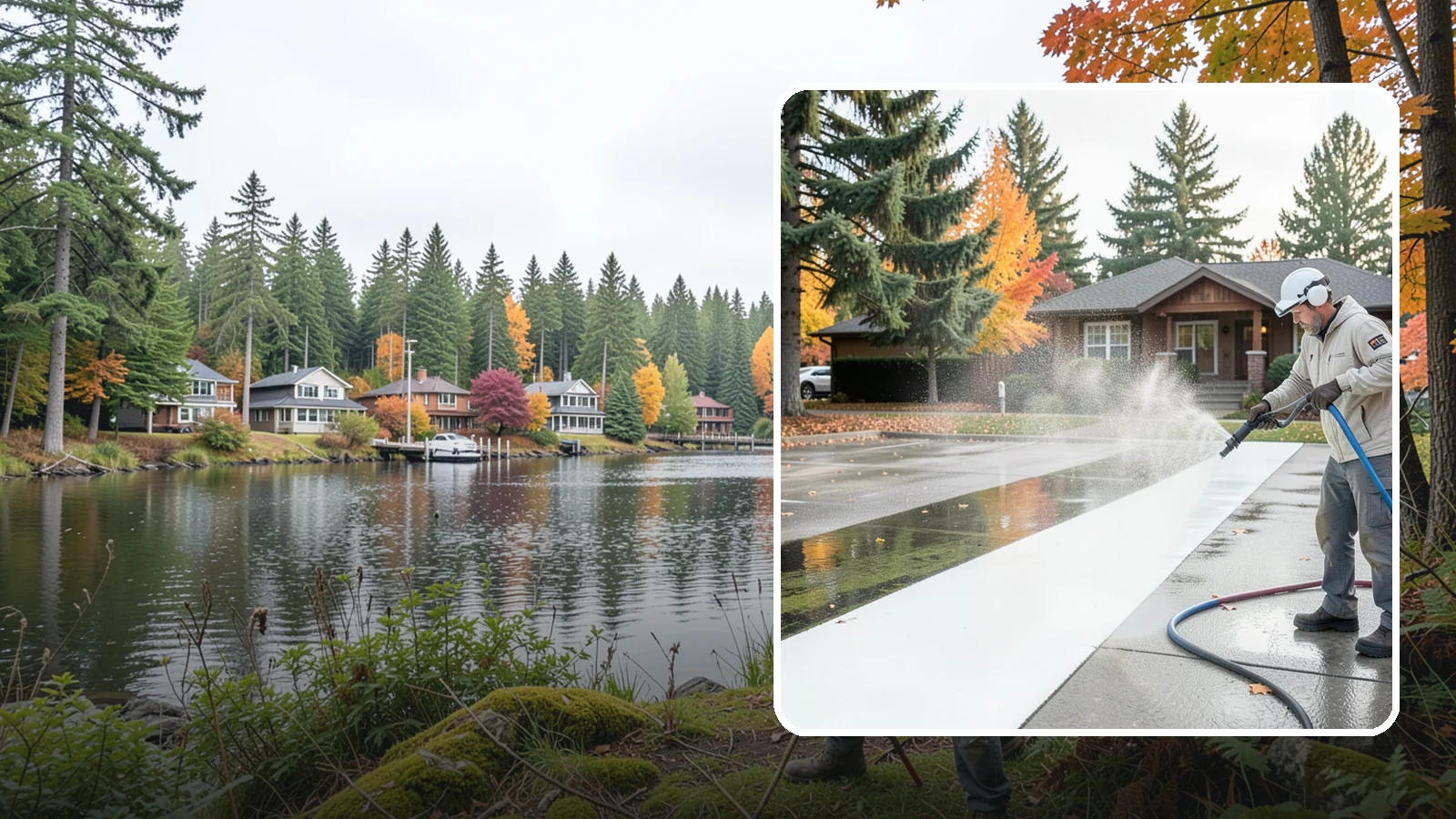Parking Lot Cleaning in La Conner, Skagit County, WA - We pressure wash parking lots across Washington to remove oil stains, gum, and the algae that shaded pavement grows.