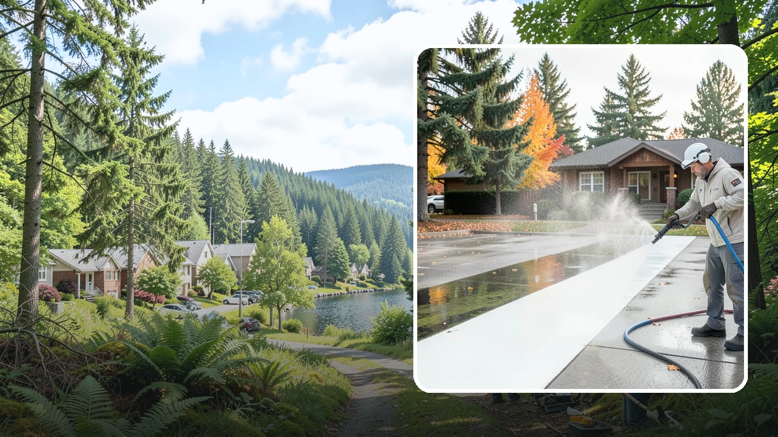 Parking Lot Cleaning in Lake Forest Park, King County, WA - We pressure wash parking lots across Washington to remove oil stains, gum, and the algae that shaded pavement grows.
