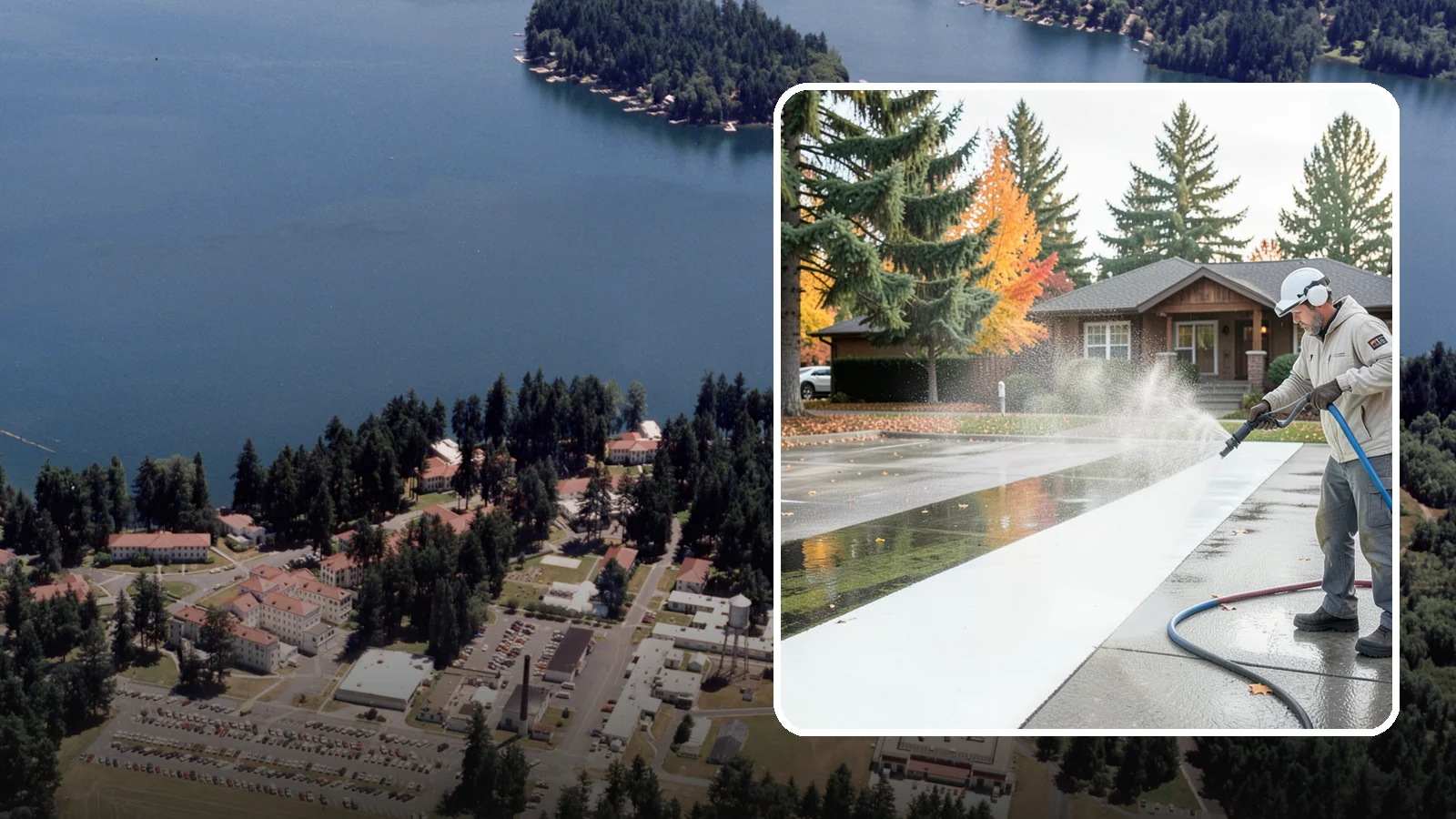 Parking Lot Cleaning in Lakewood, Pierce County, WA - We pressure wash parking lots across Washington to remove oil stains, gum, and the algae that shaded pavement grows.