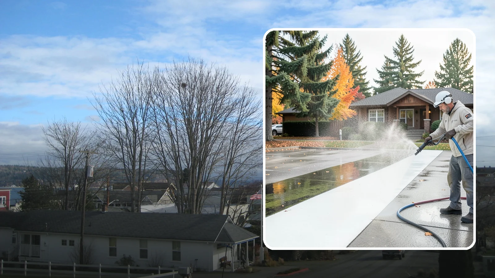 Parking Lot Cleaning in Langley, Island County, WA - We pressure wash parking lots across Washington to remove oil stains, gum, and the algae that shaded pavement grows.