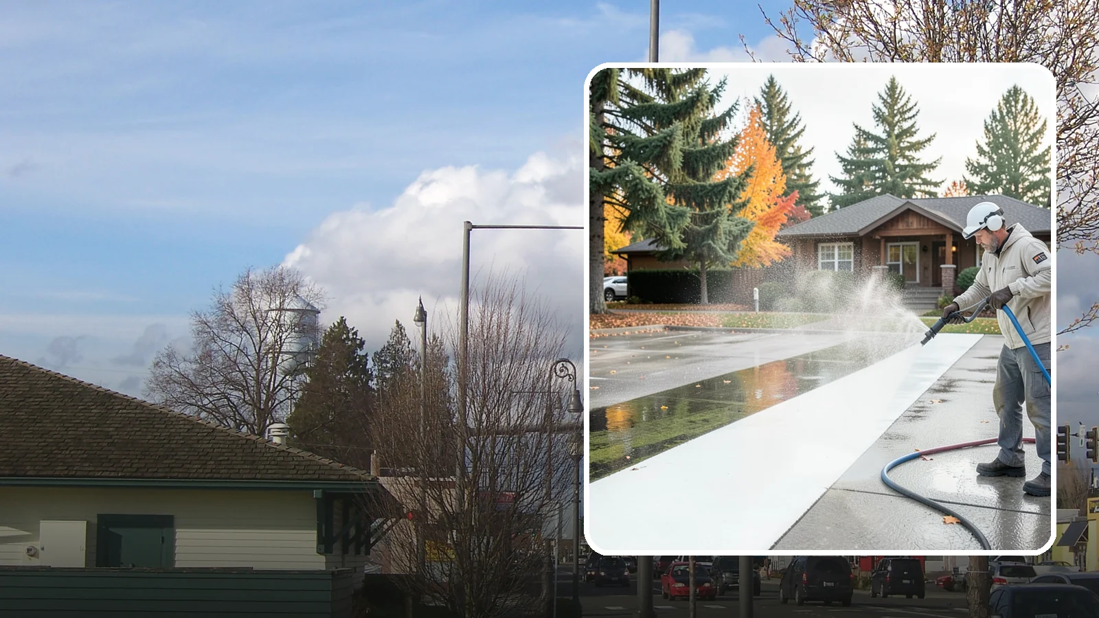 Parking Lot Cleaning in Marysville, Snohomish County, WA - We pressure wash parking lots across Washington to remove oil stains, gum, and the algae that shaded pavement grows.