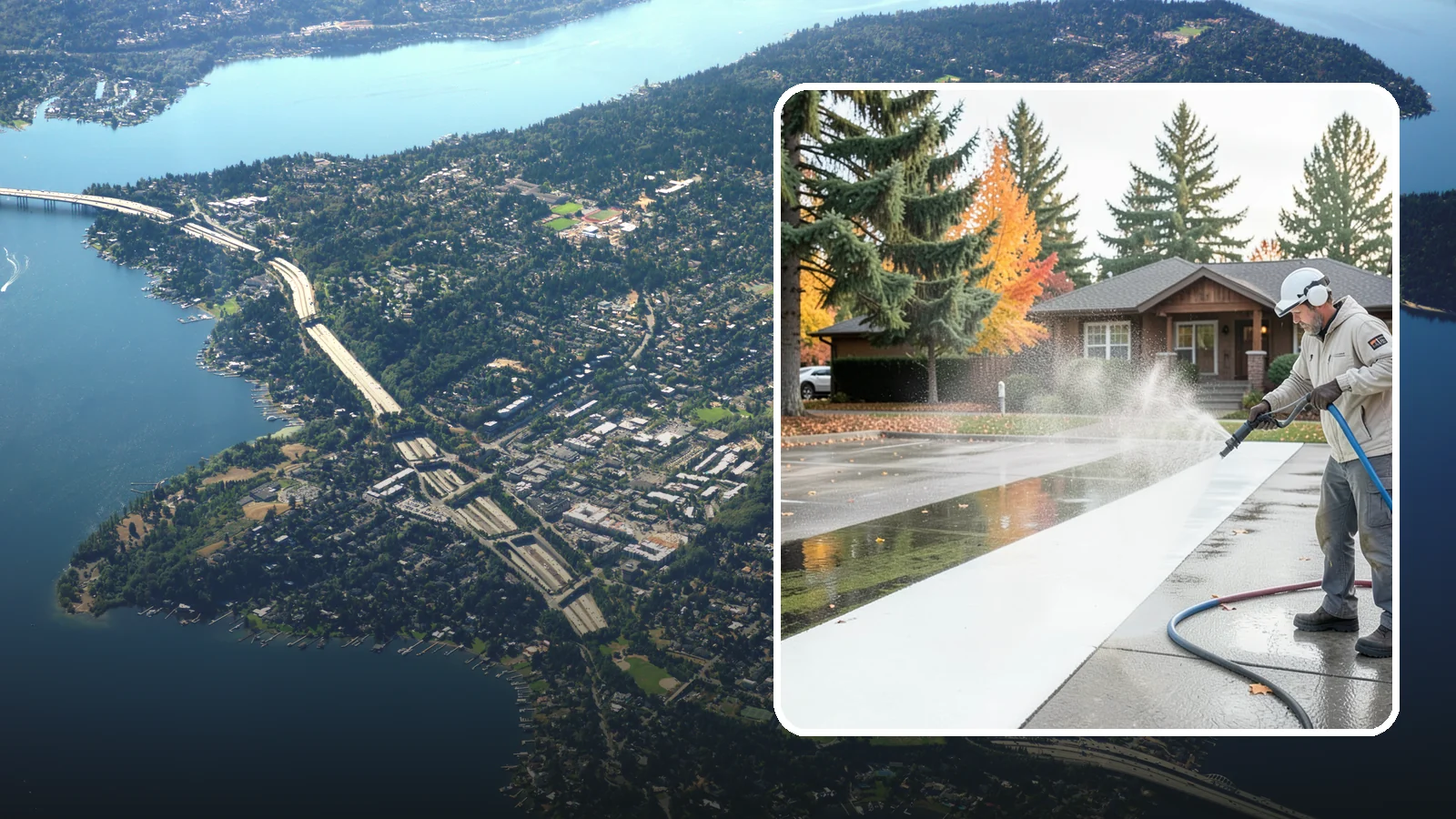 Parking Lot Cleaning in Mercer Island, King County, WA - We pressure wash parking lots across Washington to remove oil stains, gum, and the algae that shaded pavement grows.