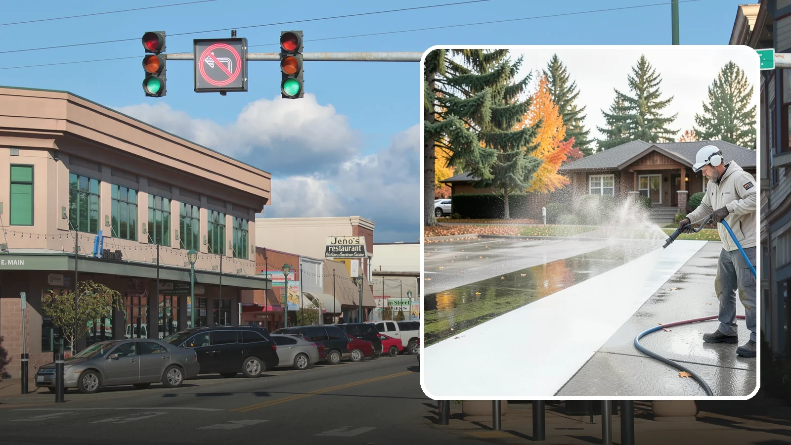 Parking Lot Cleaning in Monroe, Snohomish County, WA - We pressure wash parking lots across Washington to remove oil stains, gum, and the algae that shaded pavement grows.