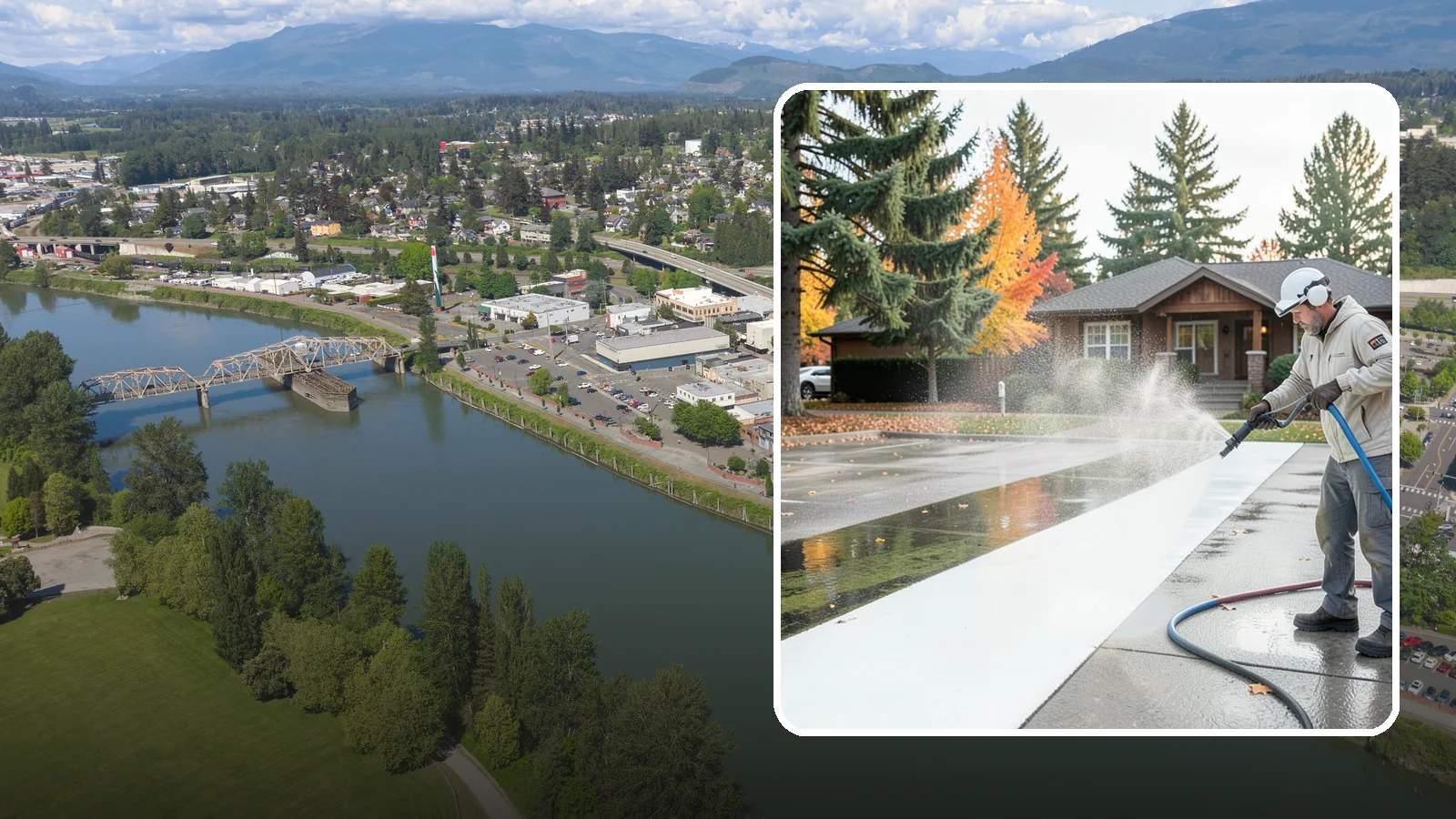 Parking Lot Cleaning in Mount Vernon, Skagit County, WA - We pressure wash parking lots across Washington to remove oil stains, gum, and the algae that shaded pavement grows.