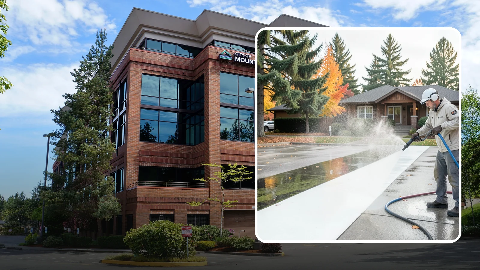 Parking Lot Cleaning in Mountlake Terrace, Snohomish County, WA - We pressure wash parking lots across Washington to remove oil stains, gum, and the algae that shaded pavement grows.