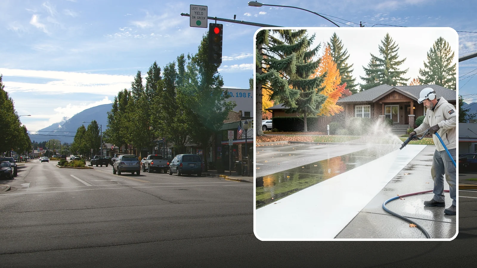 Parking Lot Cleaning in North Bend, King County, WA - We pressure wash parking lots across Washington to remove oil stains, gum, and the algae that shaded pavement grows.