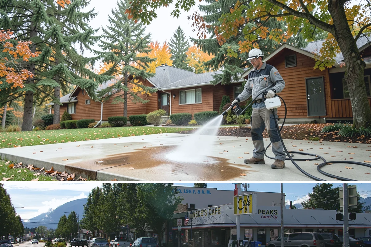 Parking Lot Cleaning in North Bend, King County, WA - Full lot cleaning is ideal in late spring or summer when pavement dries fast, with high-traffic zones spot-cleaned as needed.