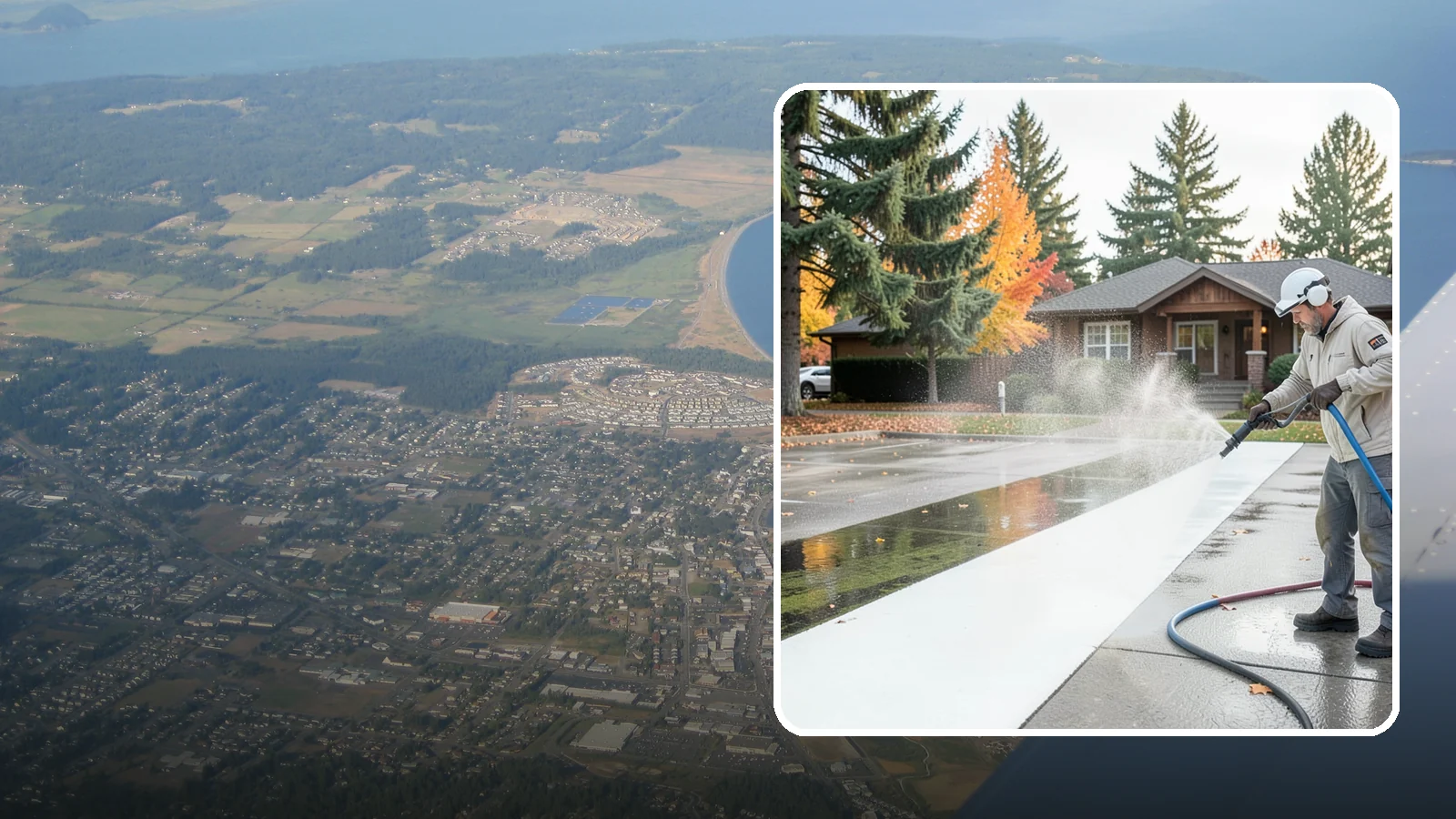 Parking Lot Cleaning in Oak Harbor, Island County, WA - We pressure wash parking lots across Washington to remove oil stains, gum, and the algae that shaded pavement grows.
