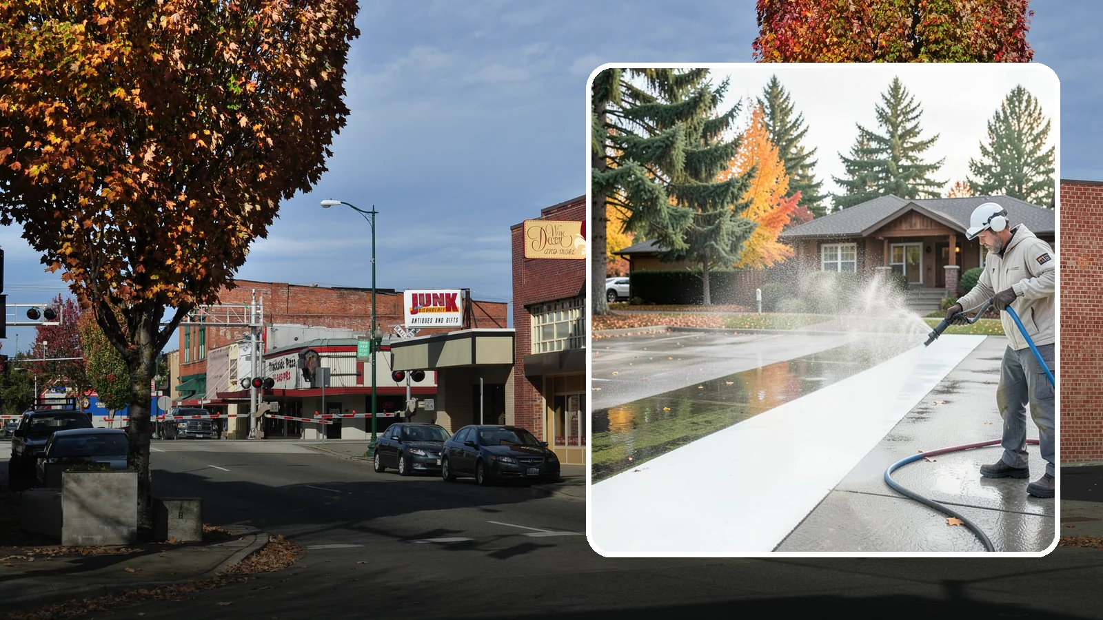 Parking Lot Cleaning in Puyallup, Pierce County, WA - We pressure wash parking lots across Washington to remove oil stains, gum, and the algae that shaded pavement grows.