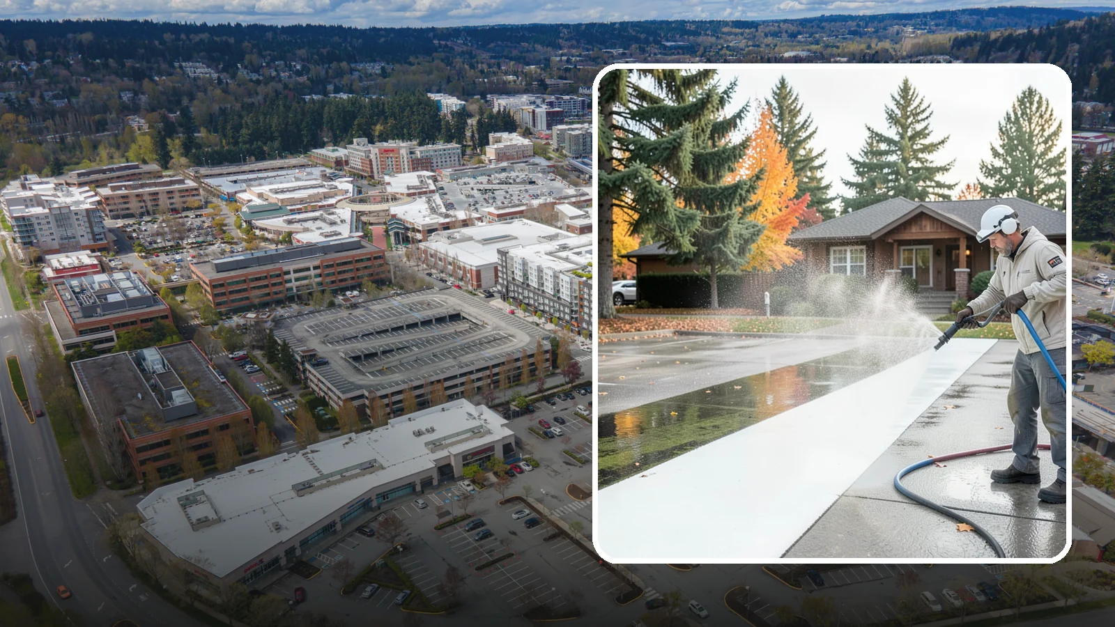 Parking Lot Cleaning in Redmond, King County, WA - We pressure wash parking lots across Washington to remove oil stains, gum, and the algae that shaded pavement grows.