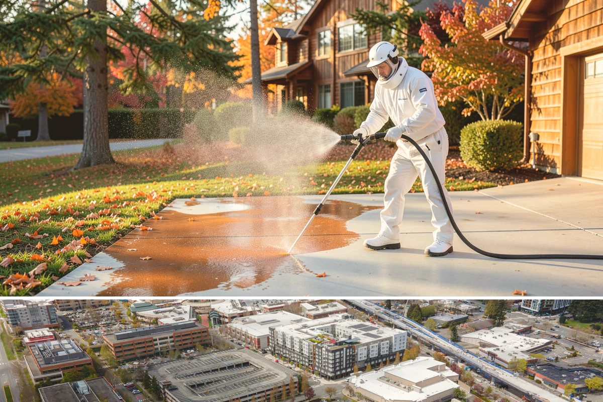 Parking Lot Cleaning in Redmond, King County, WA - Full lot cleaning is ideal in late spring or summer when pavement dries fast, with high-traffic zones spot-cleaned as needed.