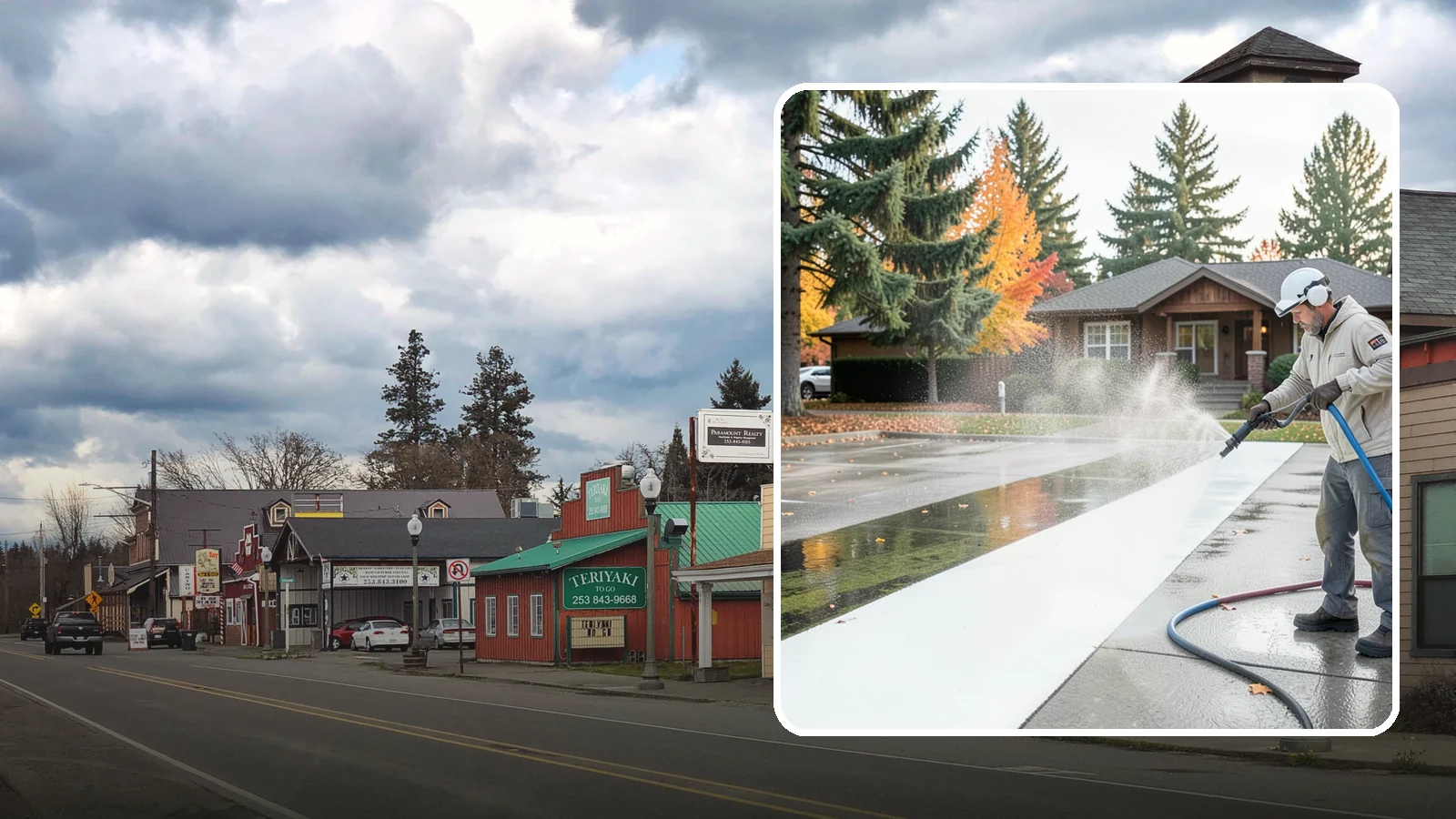 Parking Lot Cleaning in Roy, Pierce County, WA - We pressure wash parking lots across Washington to remove oil stains, gum, and the algae that shaded pavement grows.