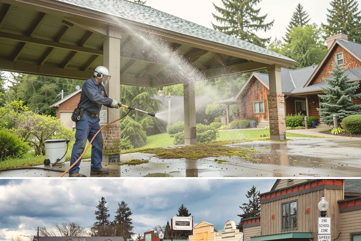 Parking Lot Cleaning in Roy, Pierce County, WA - Full lot cleaning is ideal in late spring or summer when pavement dries fast, with high-traffic zones spot-cleaned as needed.