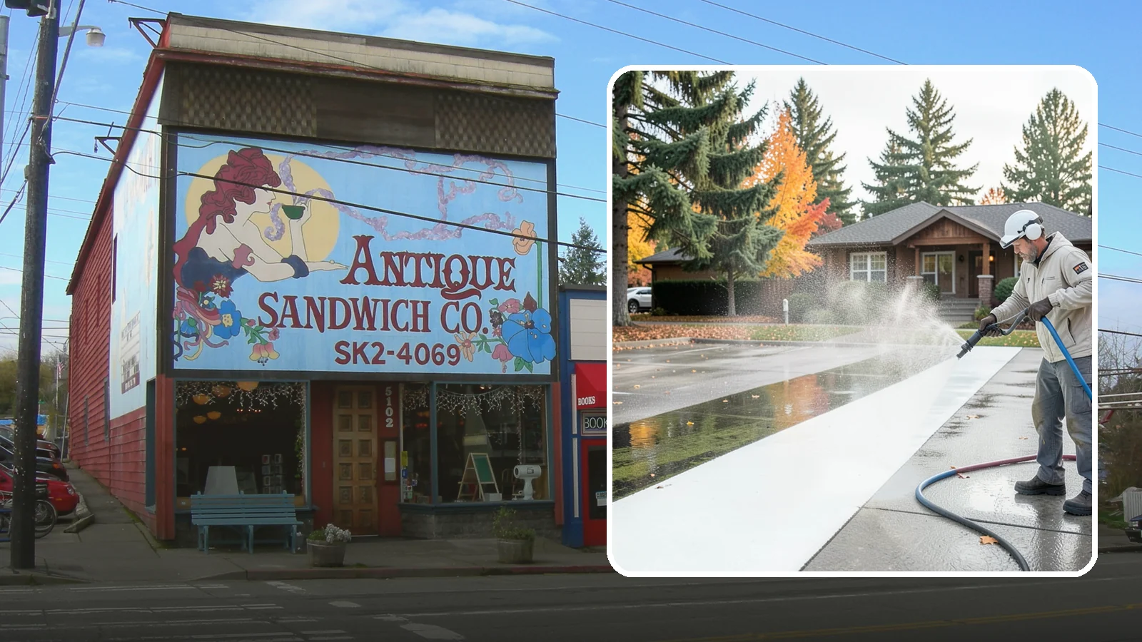 Parking Lot Cleaning in Ruston, Pierce County, WA - We pressure wash parking lots across Washington to remove oil stains, gum, and the algae that shaded pavement grows.