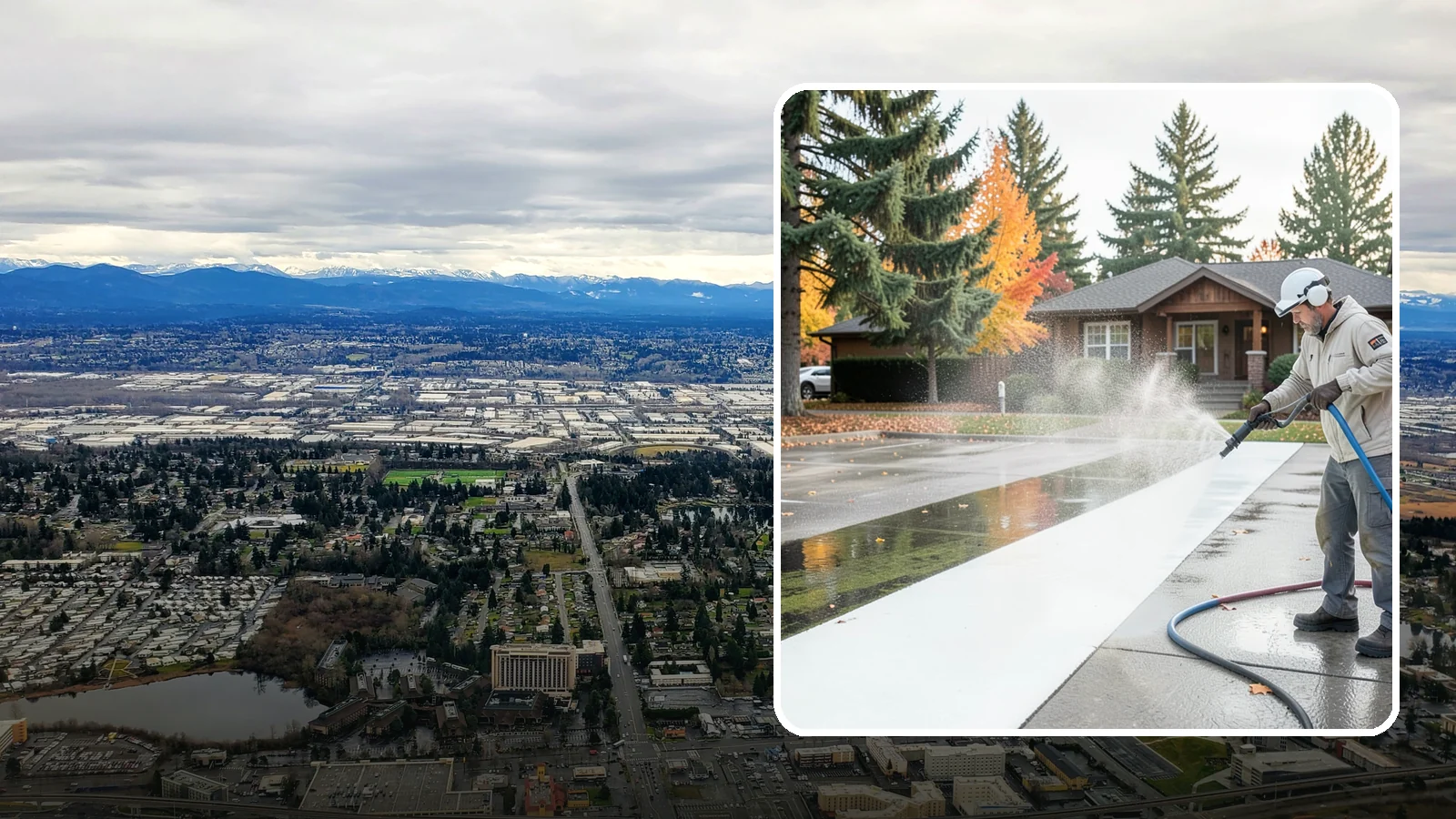Parking Lot Cleaning in SeaTac, King County, WA - We pressure wash parking lots across Washington to remove oil stains, gum, and the algae that shaded pavement grows.