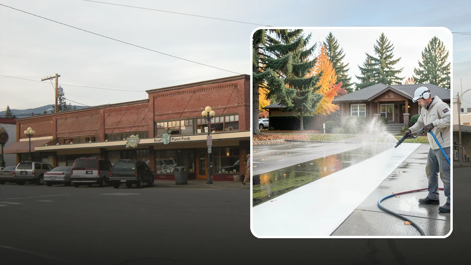 Parking Lot Cleaning in Sedro-Woolley, Skagit County, WA - We pressure wash parking lots across Washington to remove oil stains, gum, and the algae that shaded pavement grows.