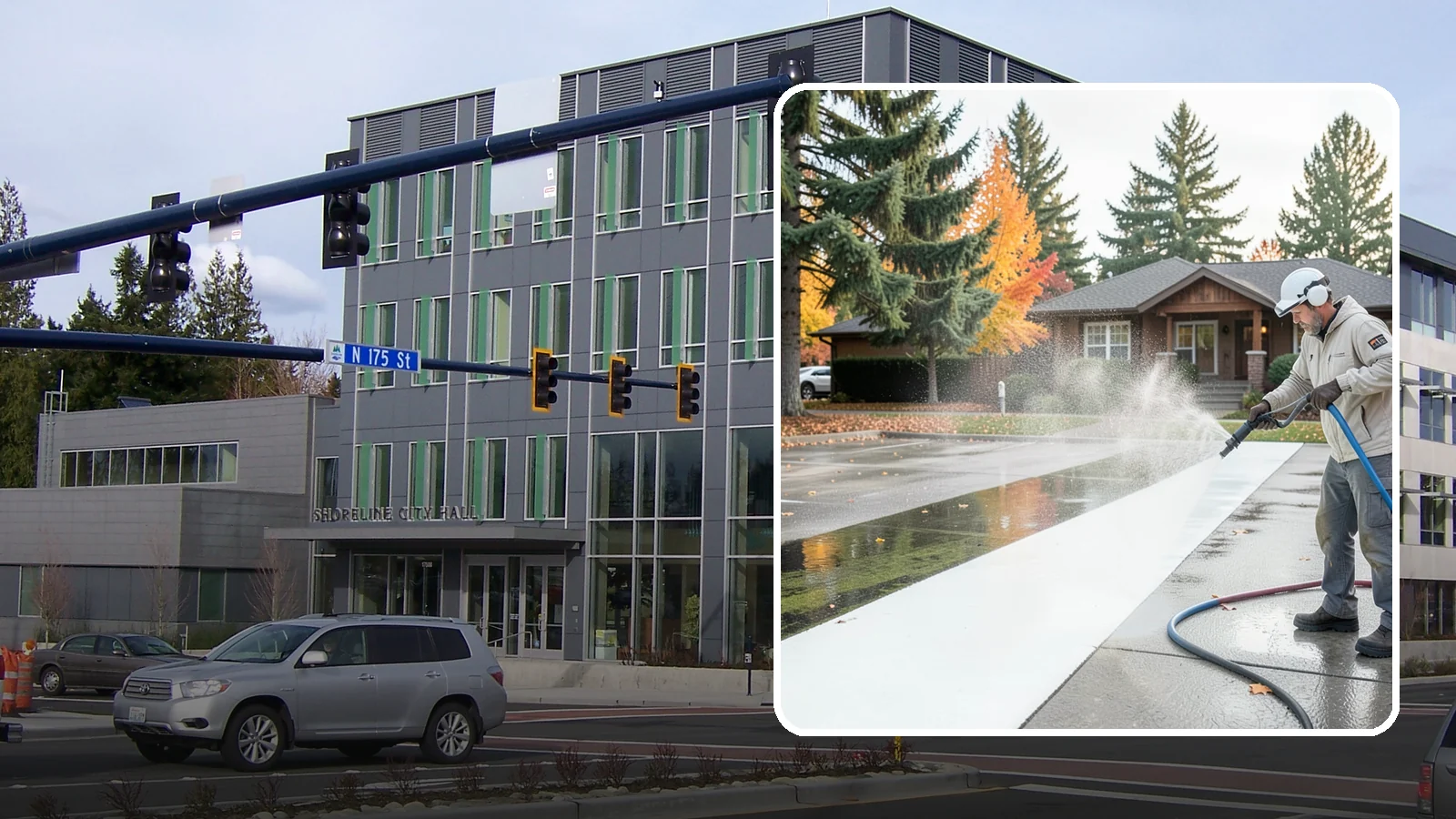 Parking Lot Cleaning in Shoreline, King County, WA - We pressure wash parking lots across Washington to remove oil stains, gum, and the algae that shaded pavement grows.