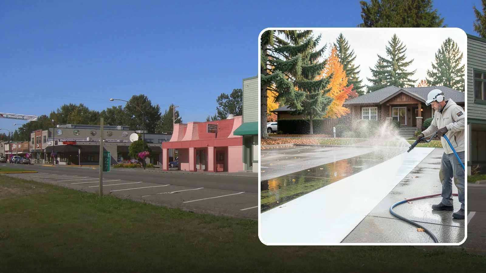 Parking Lot Cleaning in Snoqualmie, King County, WA - We pressure wash parking lots across Washington to remove oil stains, gum, and the algae that shaded pavement grows.