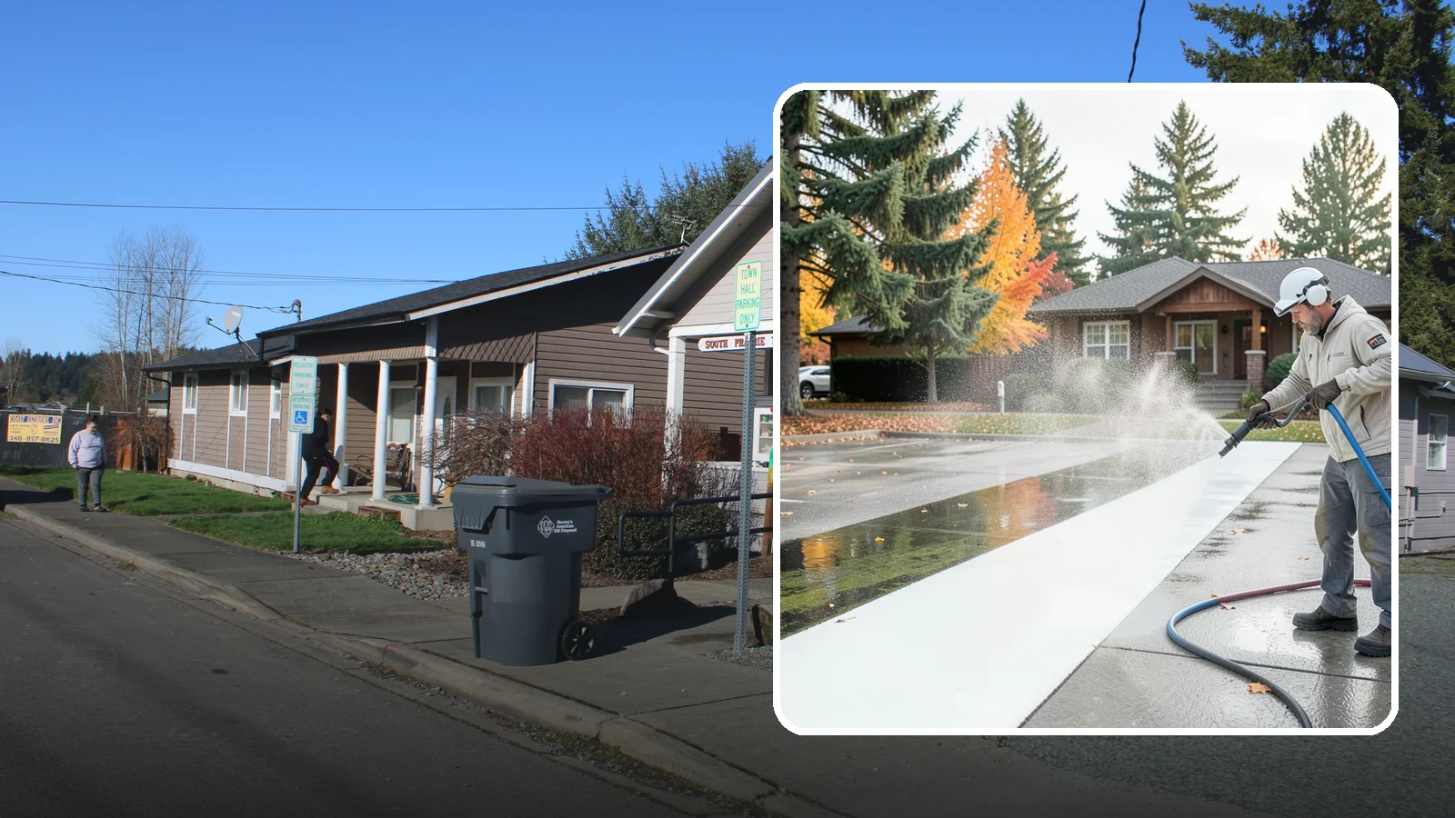 Parking Lot Cleaning in South Prairie, Pierce County, WA - We pressure wash parking lots across Washington to remove oil stains, gum, and the algae that shaded pavement grows.