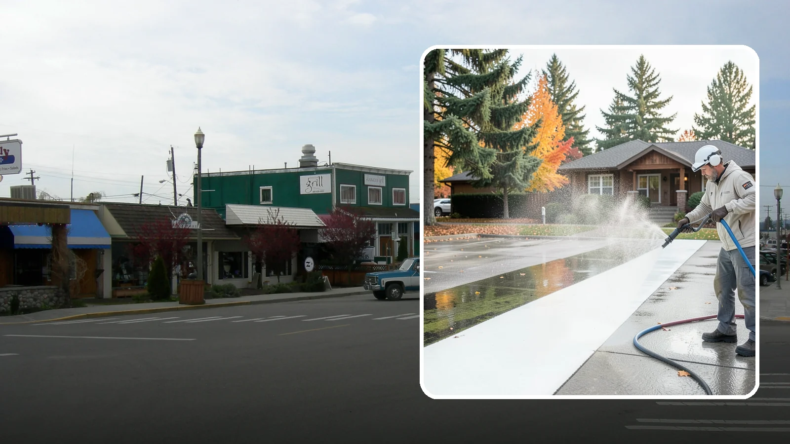 Parking Lot Cleaning in Stanwood, Snohomish County, WA - We pressure wash parking lots across Washington to remove oil stains, gum, and the algae that shaded pavement grows.