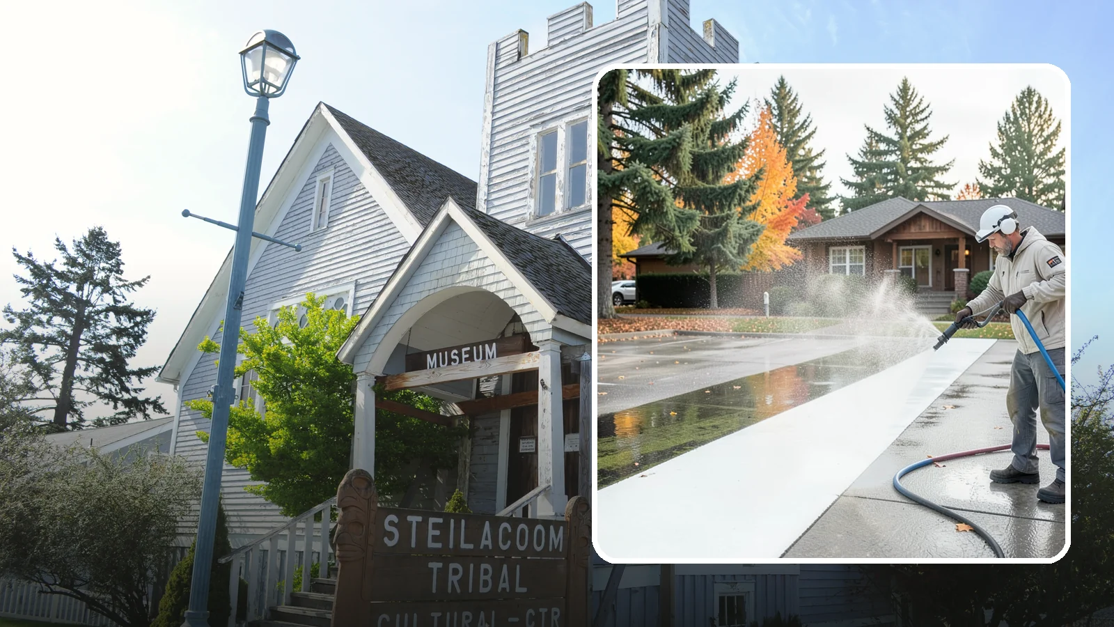 Parking Lot Cleaning in Steilacoom, Pierce County, WA - We pressure wash parking lots across Washington to remove oil stains, gum, and the algae that shaded pavement grows.