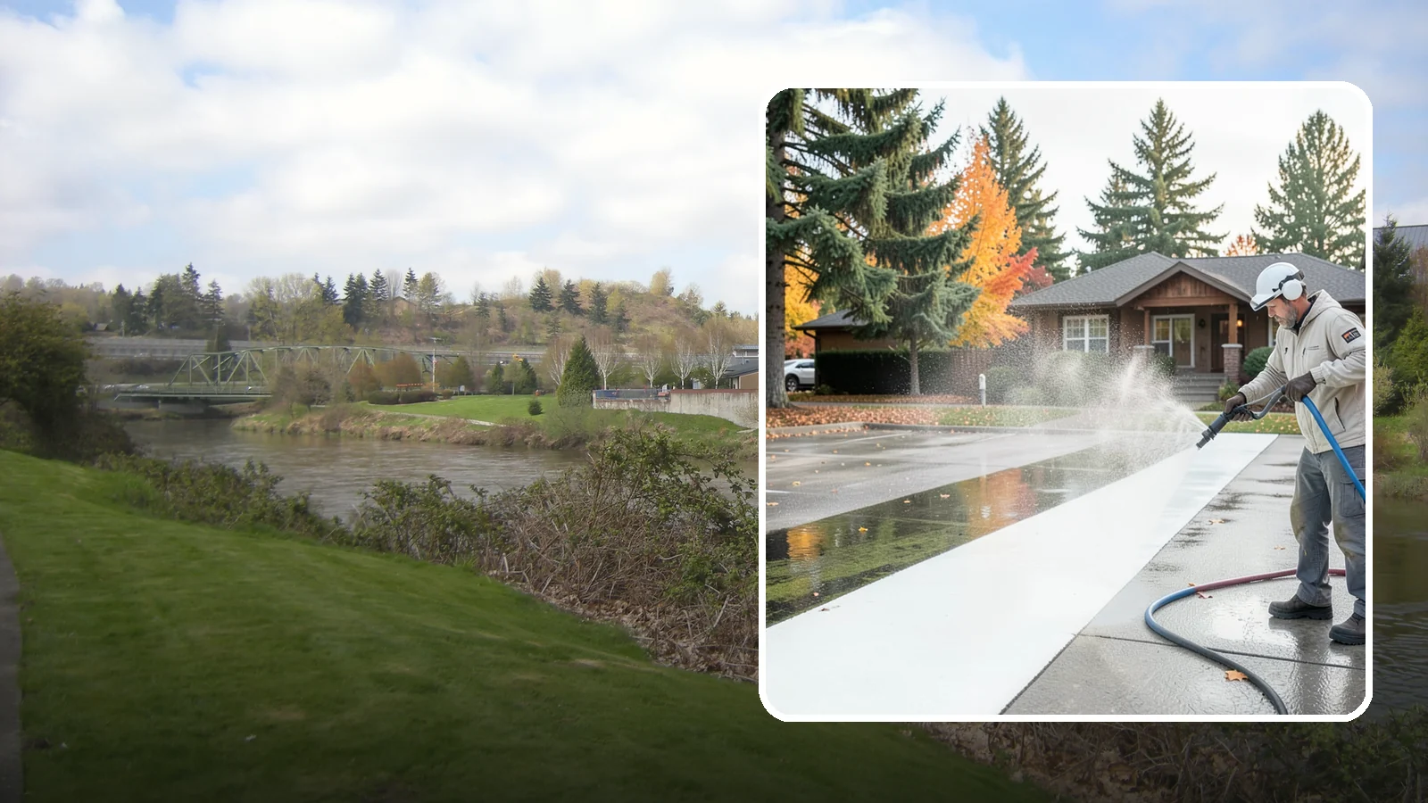 Parking Lot Cleaning in Tukwila, King County, WA - We pressure wash parking lots across Washington to remove oil stains, gum, and the algae that shaded pavement grows.