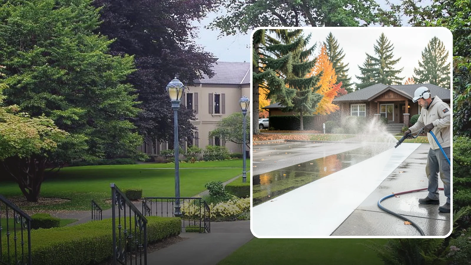 Parking Lot Cleaning in Woodinville, King County, WA - We pressure wash parking lots across Washington to remove oil stains, gum, and the algae that shaded pavement grows.