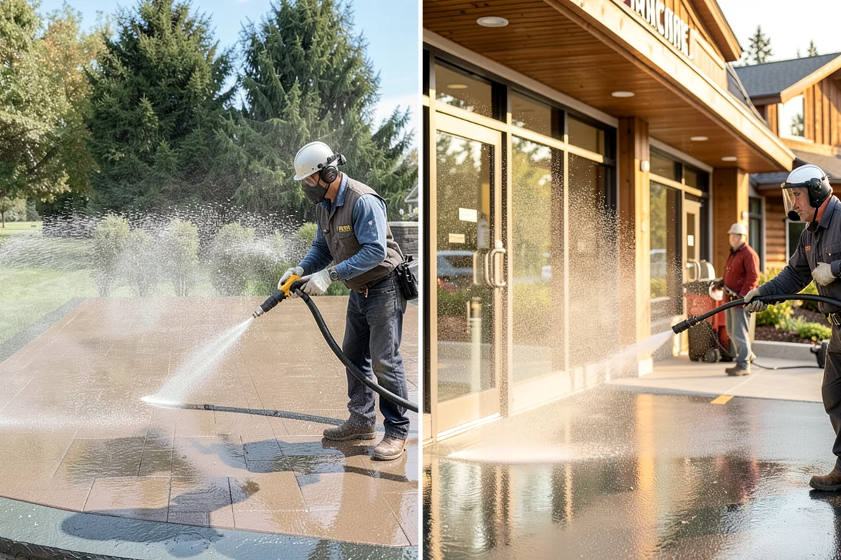 Patio Algae Removal in DuPont, Pierce County, WA - Apply a biocidal solution across the algae film