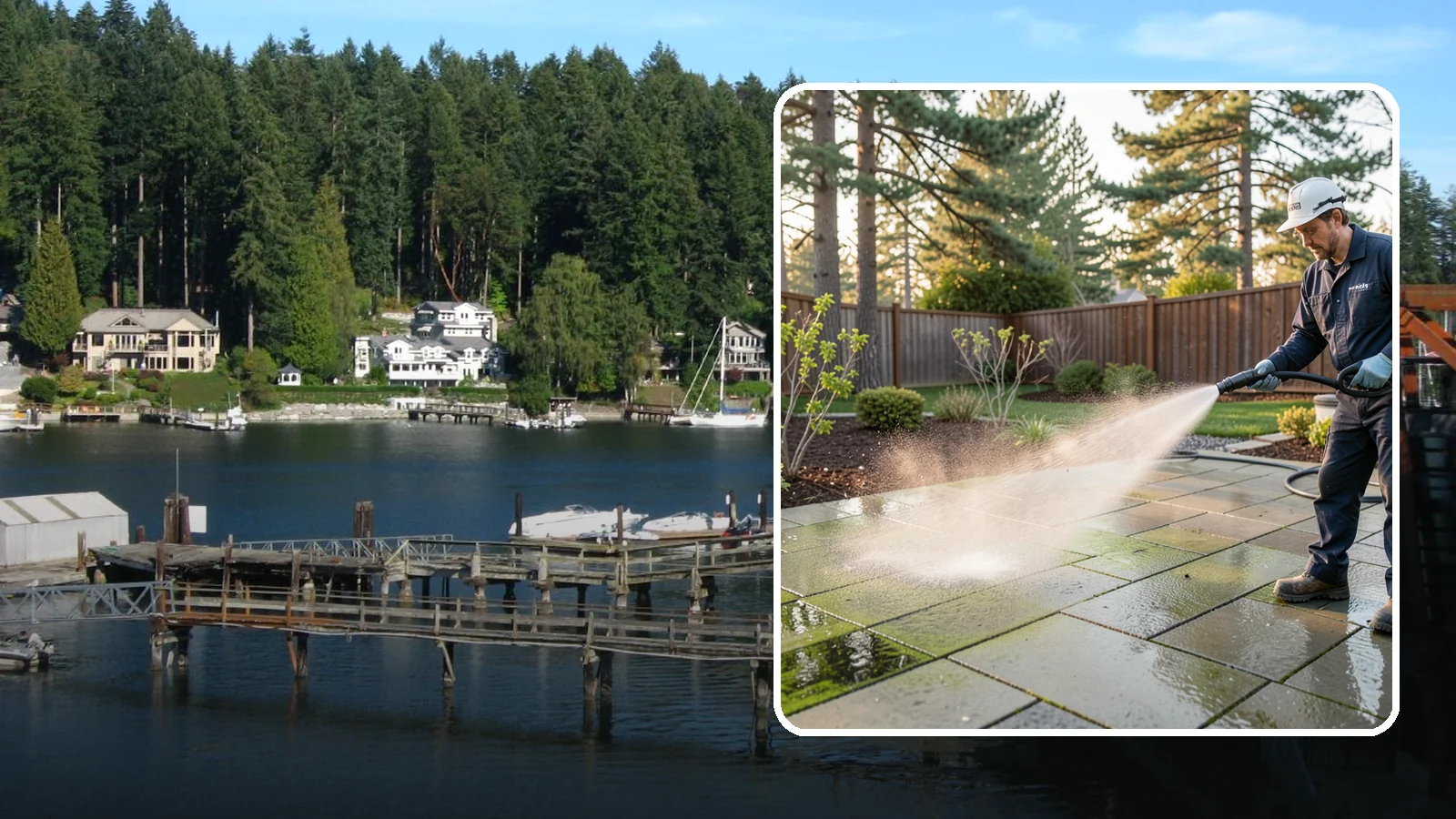 Patio Algae Removal in Gig Harbor, Pierce County, WA - Strip the slick green and black algae film that coats patios through Washington's wet months.