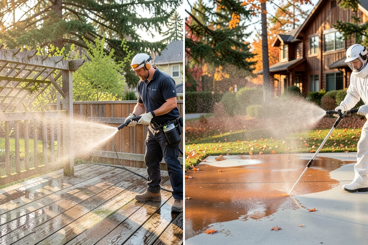 Patio Algae Removal in Gig Harbor, Pierce County, WA - Apply a biocidal solution across the algae film
