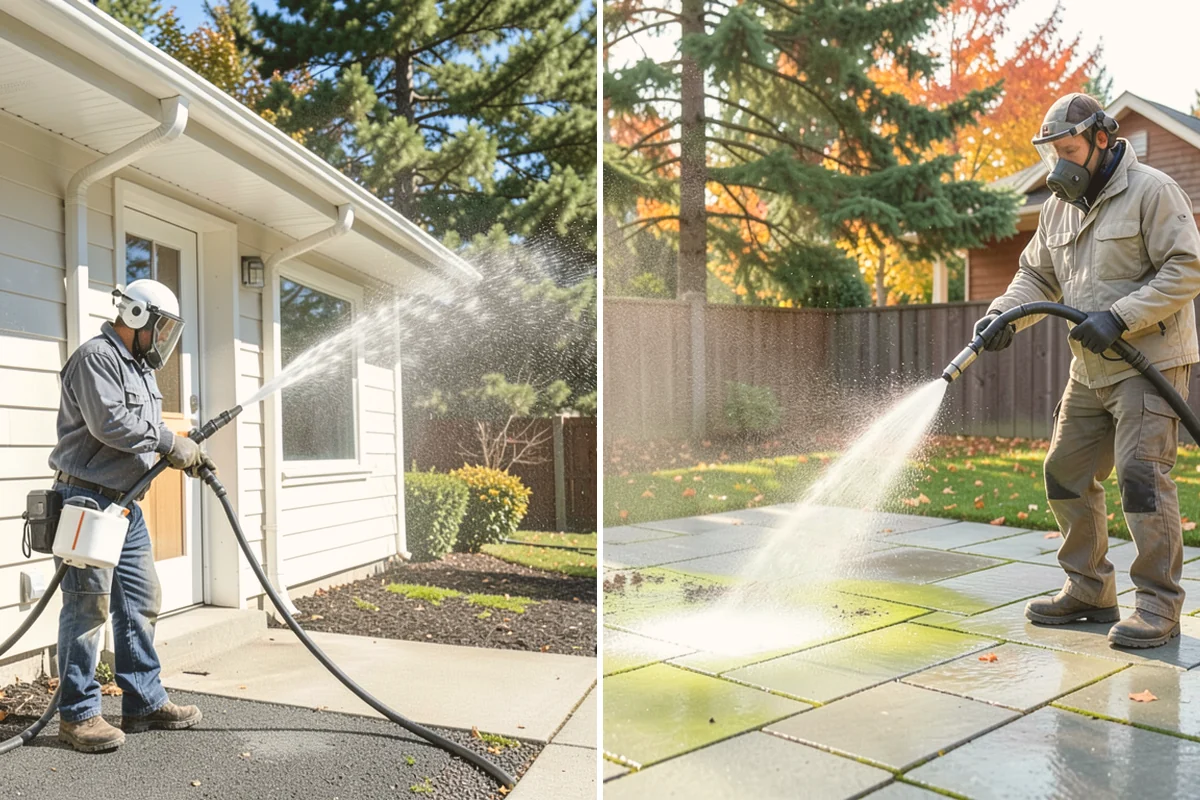 Patio Algae Removal in Kirkland, King County, WA - Apply a biocidal solution across the algae film
