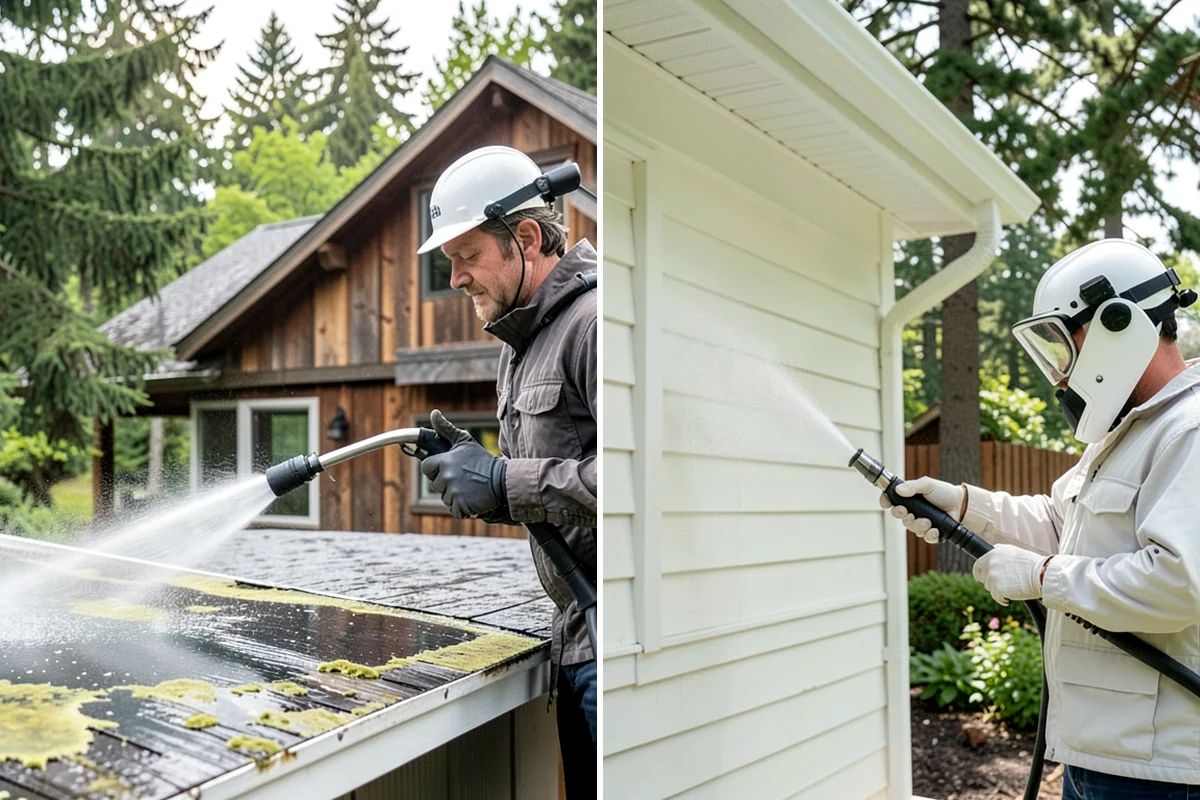 Patio Algae Removal in Snoqualmie, King County, WA - Apply a biocidal solution across the algae film