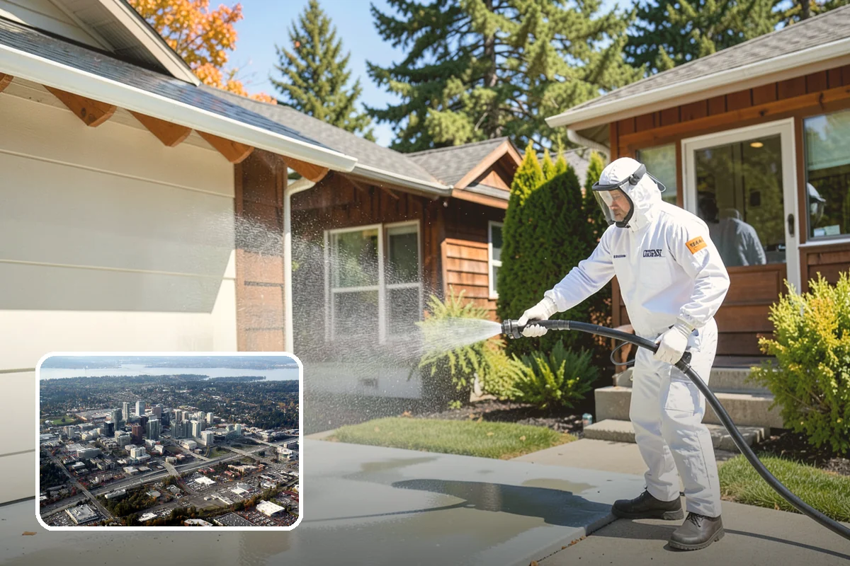 Patio Cover Cleaning in Bellevue, King County, WA - Clears heavy needle and moss buildup from the cover top