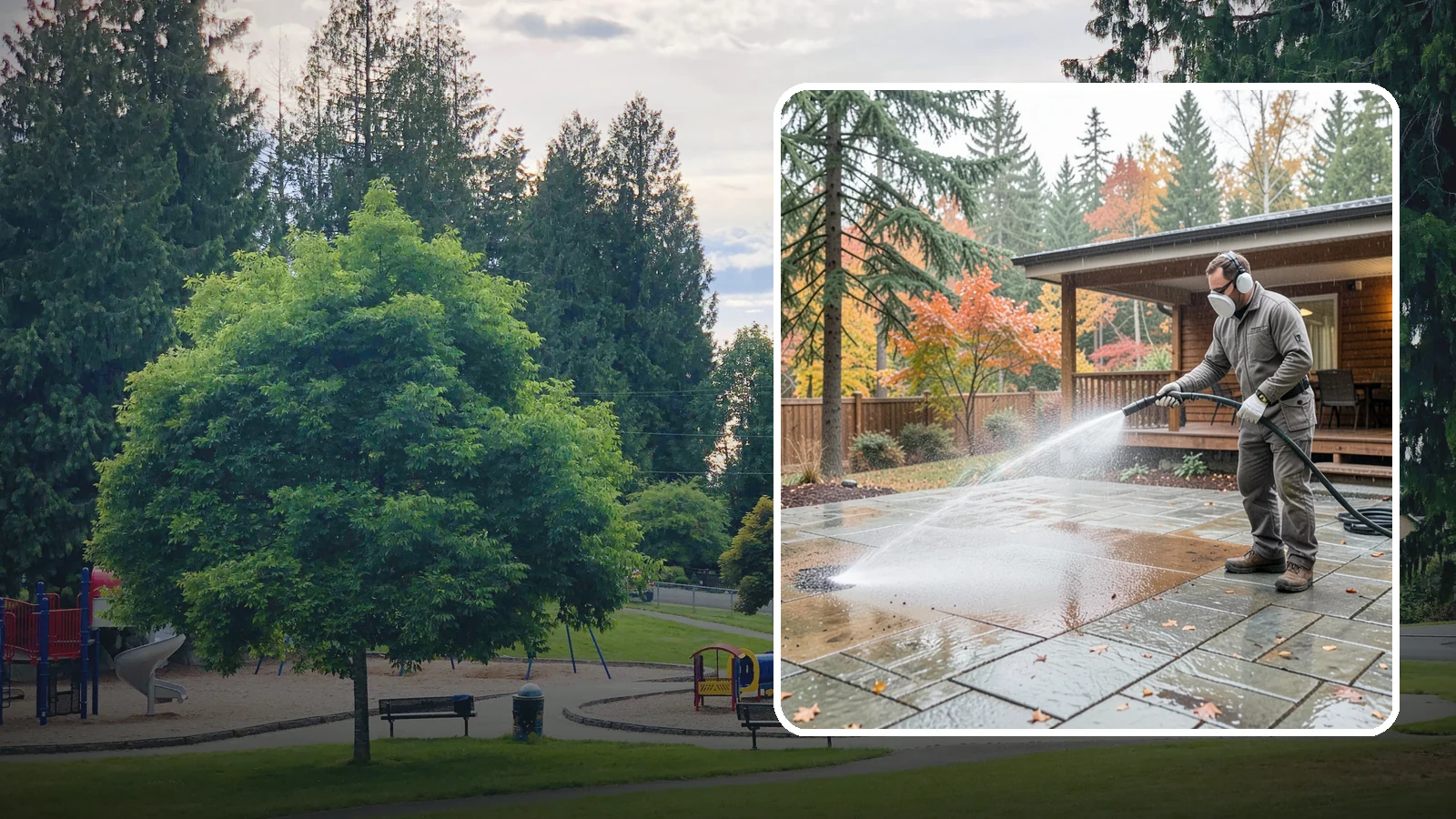 Patio Cover Cleaning in Bonney Lake, Pierce County, WA - We wash patio covers top and bottom to remove needle debris, moss, and the drip stains that shade structures collect.