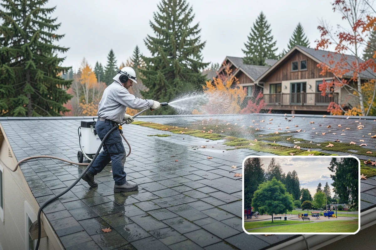 Patio Cover Cleaning in Bonney Lake, Pierce County, WA - Clears heavy needle and moss buildup from the cover top