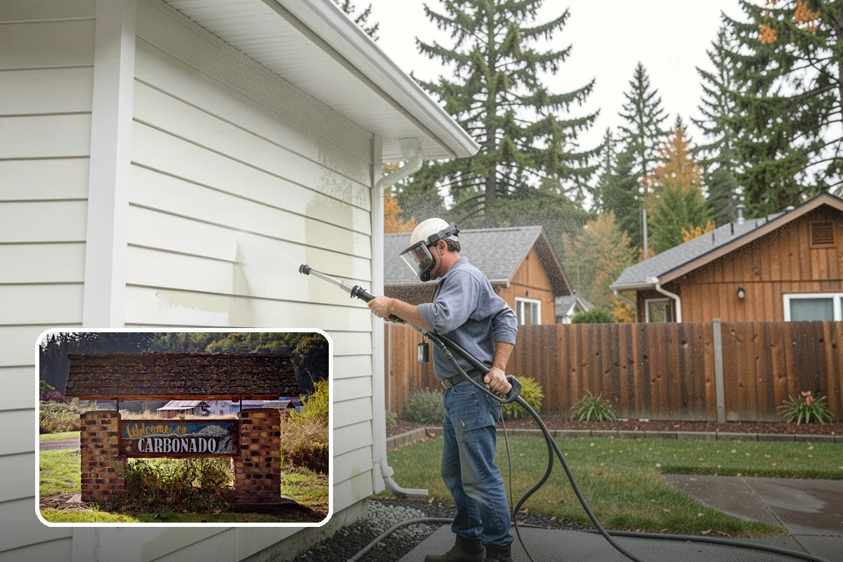 Patio Cover Cleaning in Carbonado, Pierce County, WA - Clears heavy needle and moss buildup from the cover top