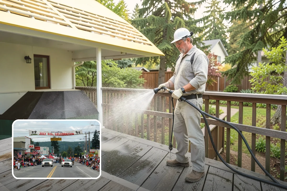Patio Cover Cleaning in Carnation, King County, WA - Clears heavy needle and moss buildup from the cover top