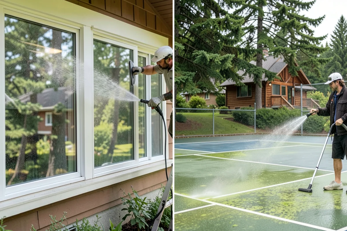 Patio Cover Cleaning in Concrete, Skagit County, WA - Blow needles and leaves off the cover surface