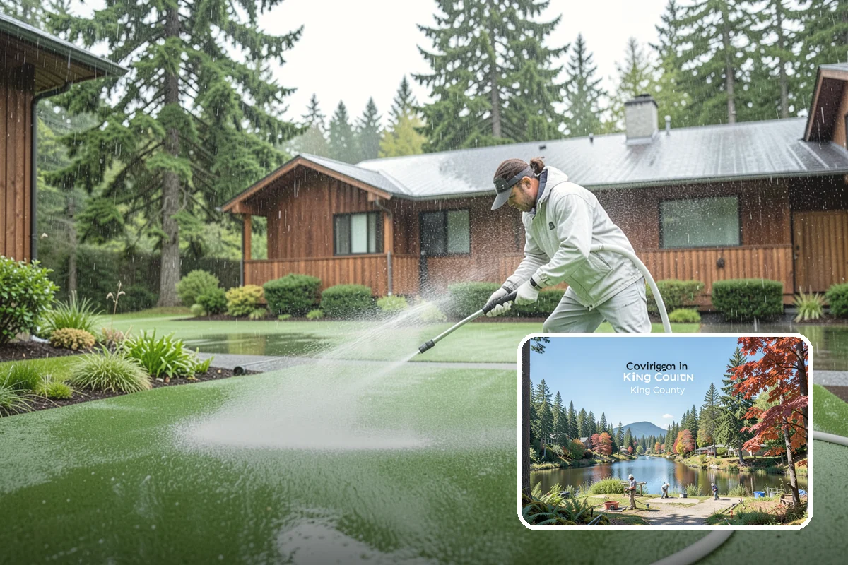 Patio Cover Cleaning in Covington, King County, WA - Clears heavy needle and moss buildup from the cover top