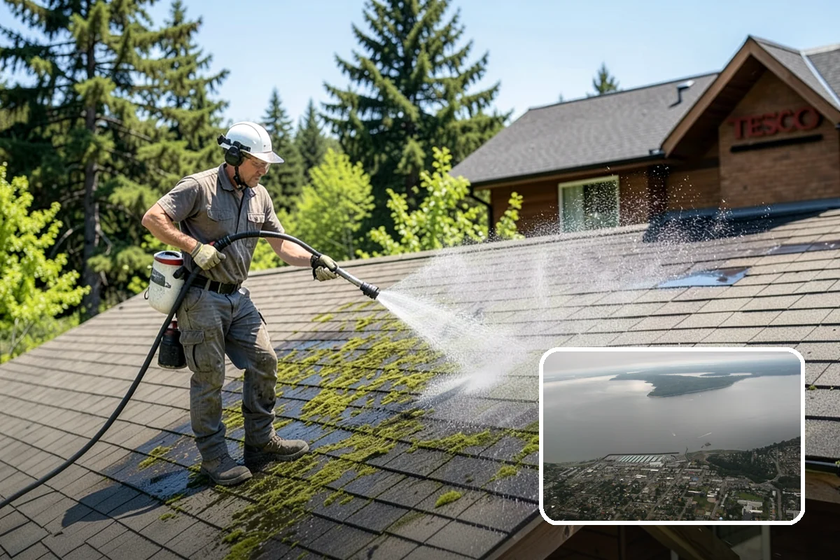 Patio Cover Cleaning in Des Moines, King County, WA - Clears heavy needle and moss buildup from the cover top