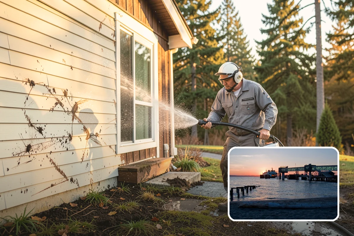 Patio Cover Cleaning in Edmonds, Snohomish County, WA - Clears heavy needle and moss buildup from the cover top