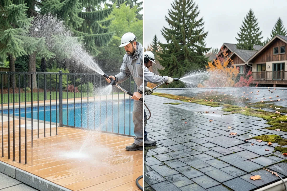 Patio Cover Cleaning in Federal Way, King County, WA - Blow needles and leaves off the cover surface