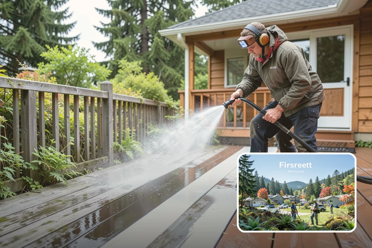 Patio Cover Cleaning in Fircrest, Pierce County, WA - Clears heavy needle and moss buildup from the cover top