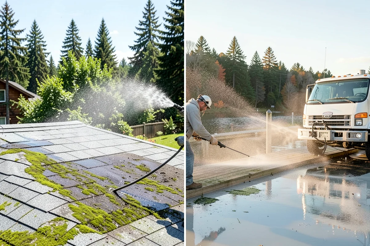 Patio Cover Cleaning in Fircrest, Pierce County, WA - Blow needles and leaves off the cover surface