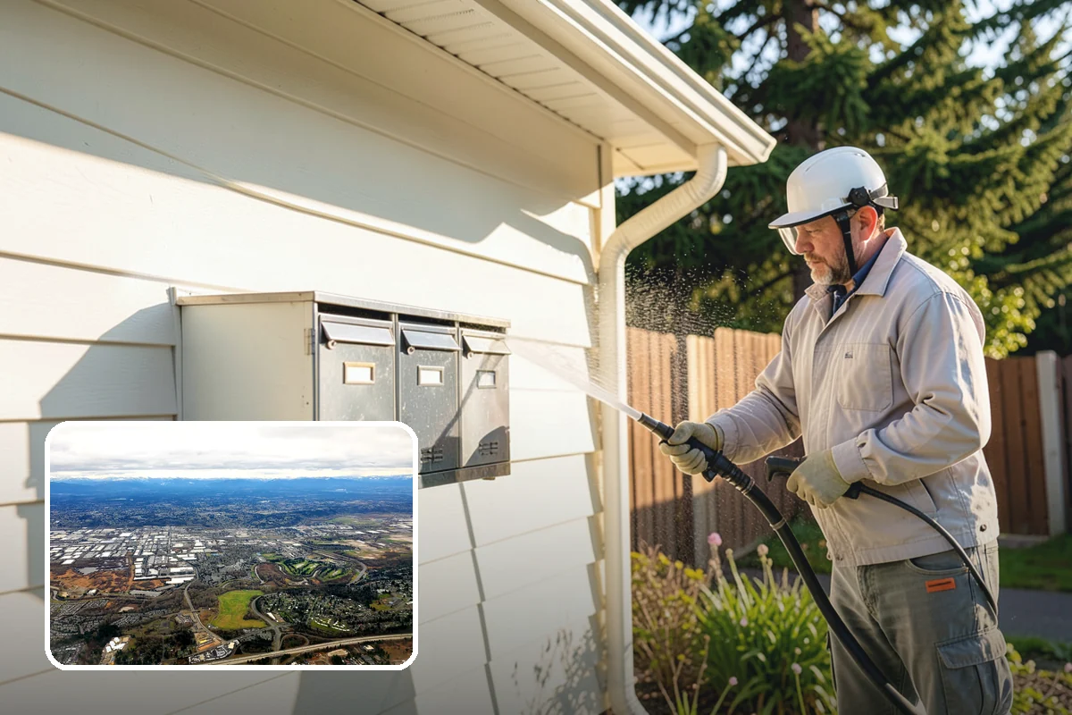 Patio Cover Cleaning in Kent, King County, WA - Clears heavy needle and moss buildup from the cover top
